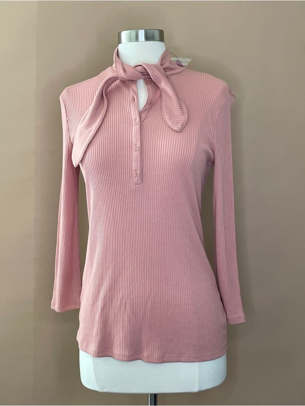 Worthington Pink Ribbed Knit Tie Neck Top Size XS Blush Long Sleeve
